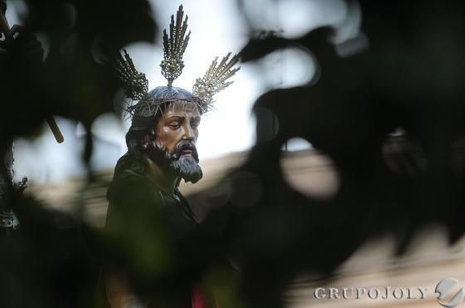 El rostro de Santísimo Cristo de la Coronación, entre las ramas de los numerosos naranjos que hay en la calle Arcos momentos después de su salida.

Foto: José Contreras