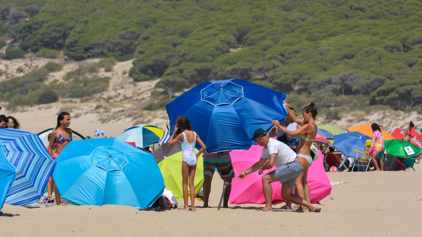 Día de sol y viento en la playa de Bolonia