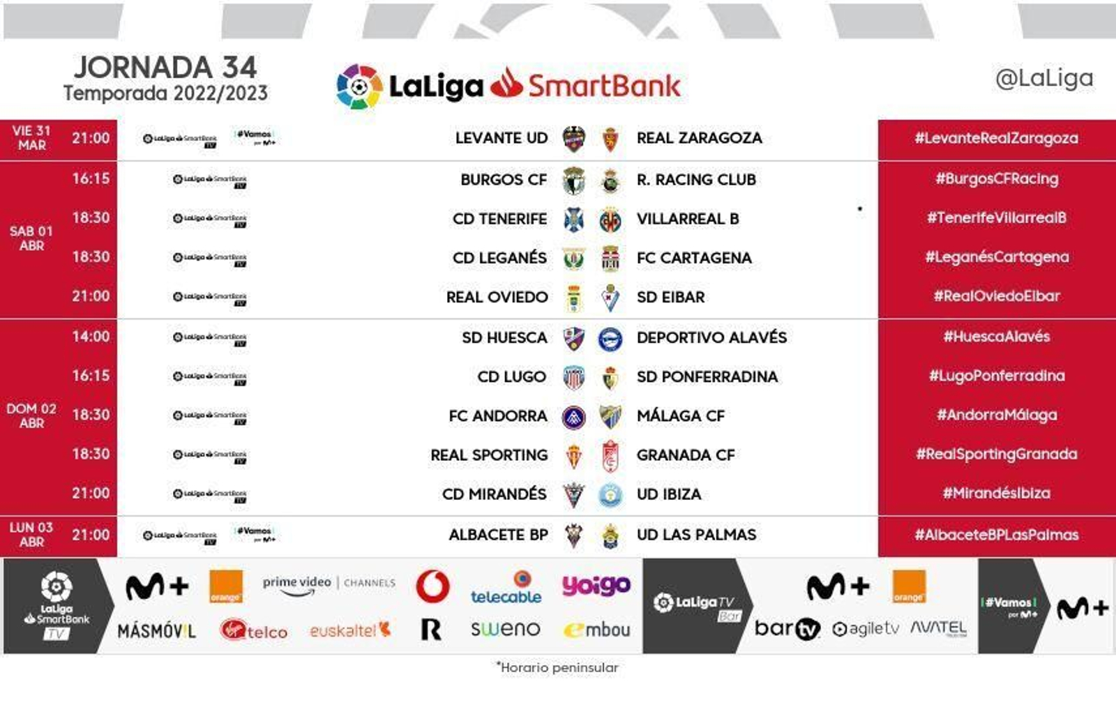 Horarios de la jornada 34 de Segunda Horarios de la jornada 34 de Segunda