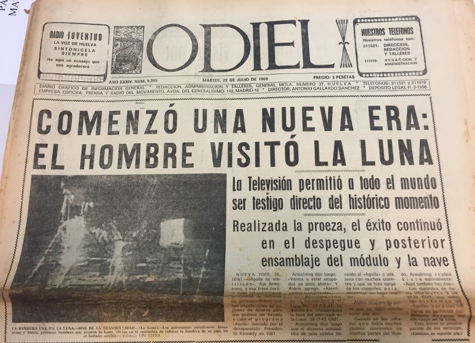 Portada de Odiel de la llegada del hombre a la Luna, en la edición del 22 de julio de 1969.