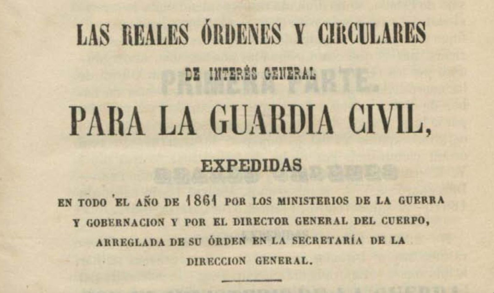 Detalle de la publicación de 1861 con las Reales Órdenes y Circulares para la Guardia Civil.