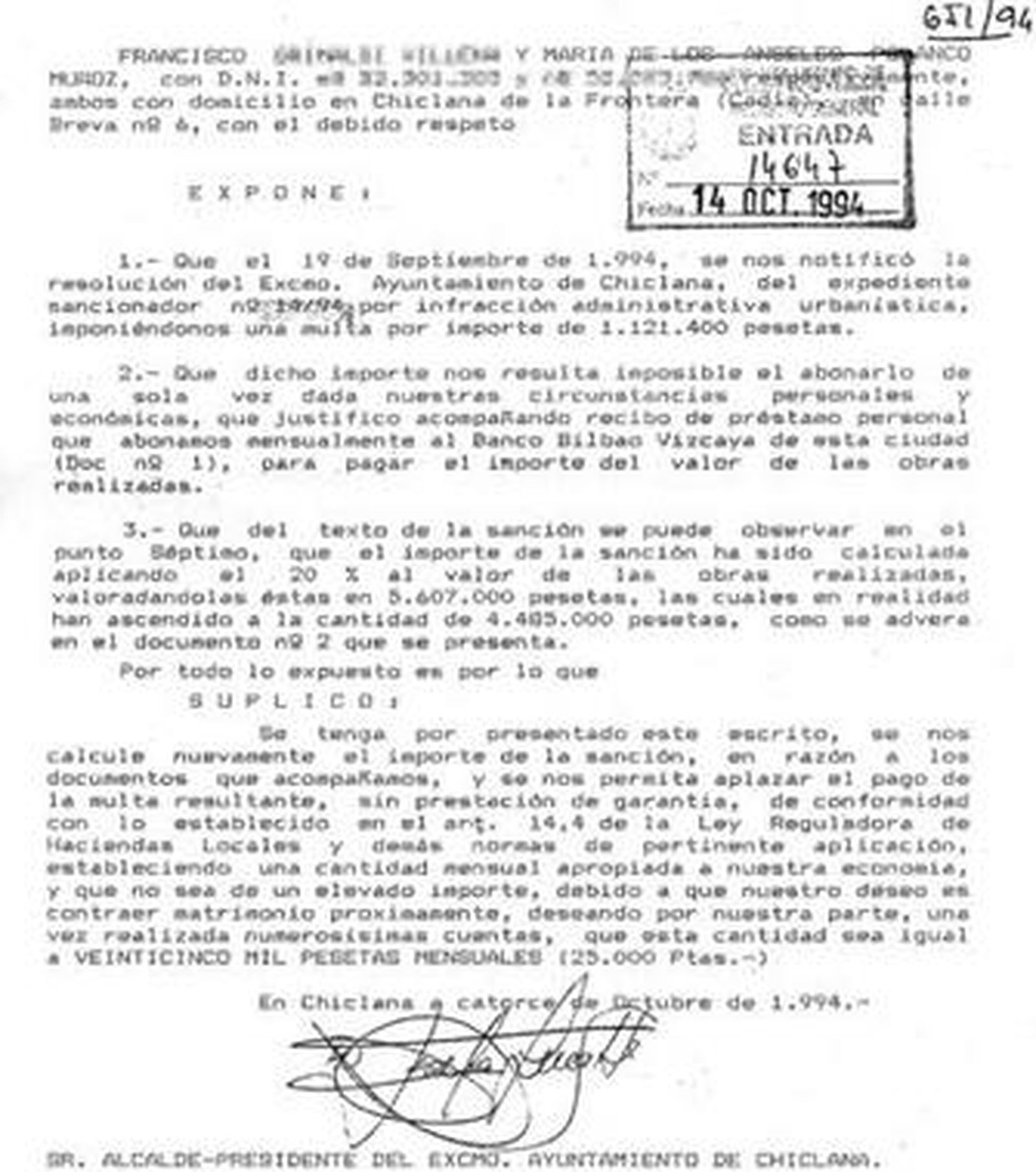 Reproducción del pliego de descargos presentado por Polanco en octubre de 1994 contra la multa.