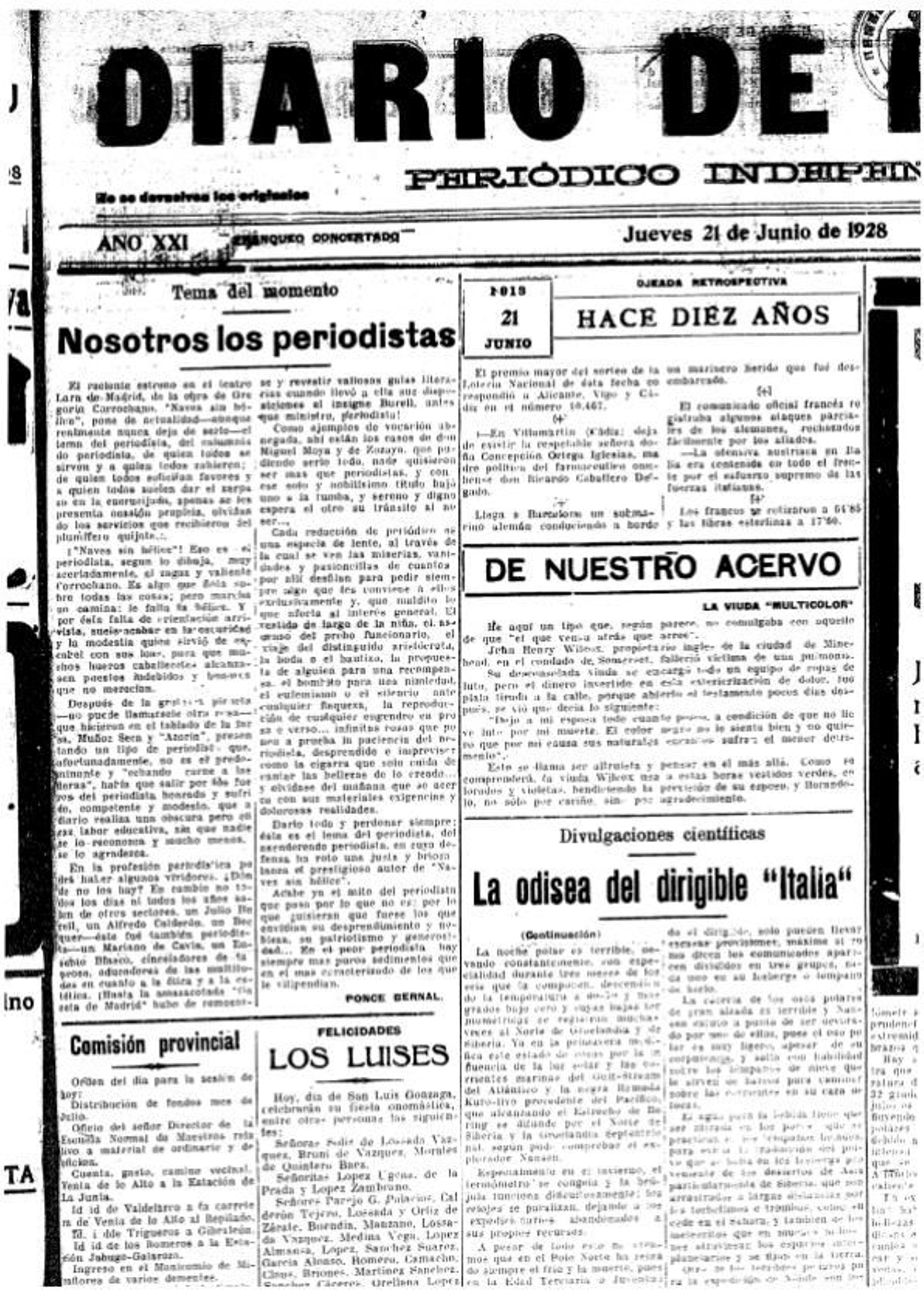 Recorte del periódico con el artículo original de Ponce Bernal, del 21 de junio de 1928.