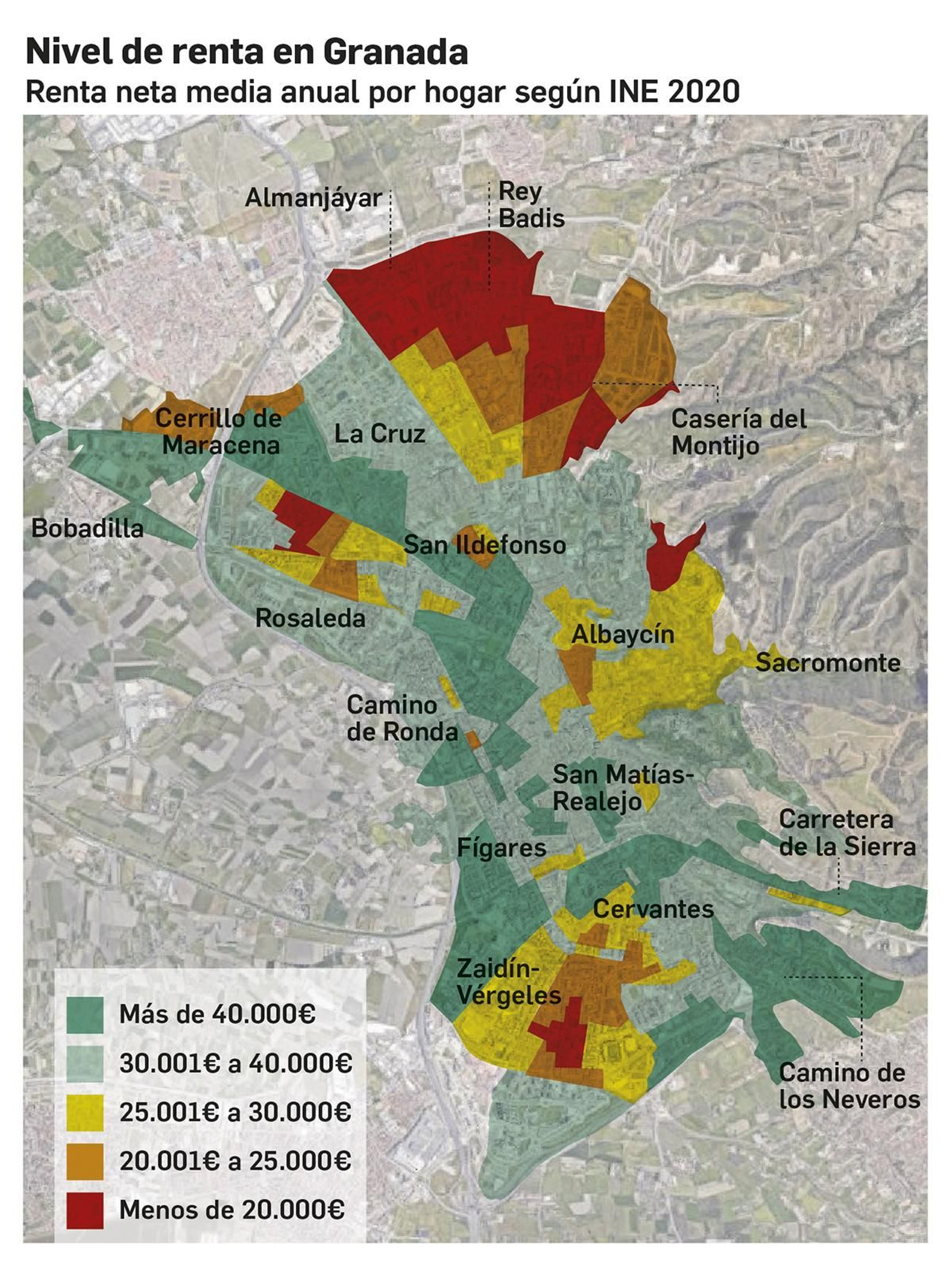 Mapa del nivel de renta en Granada por barrios