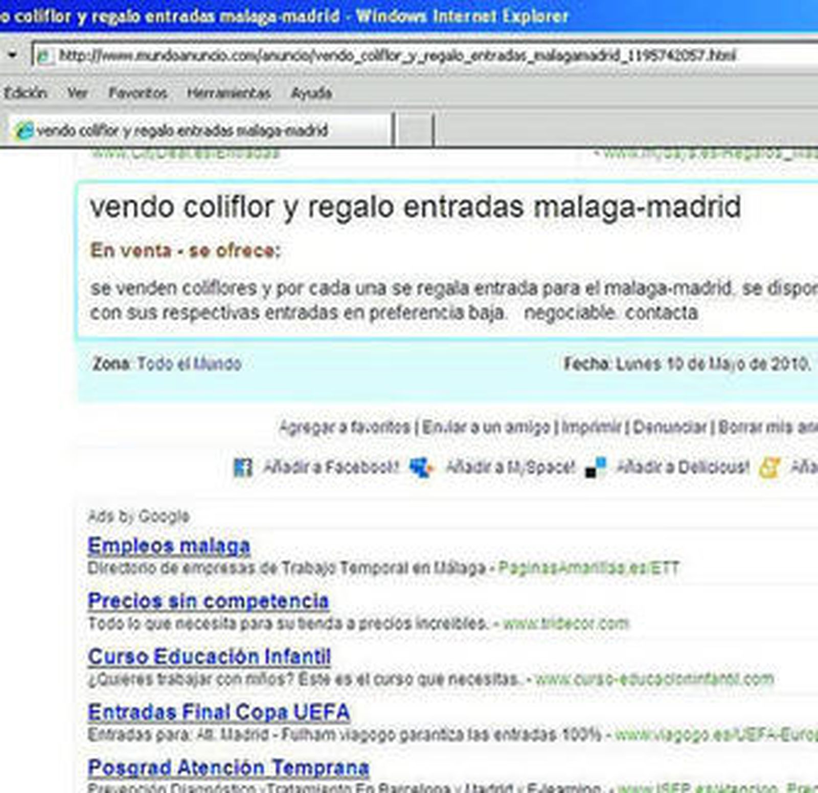 Captura de uno de los anuncios de reventa por internet.