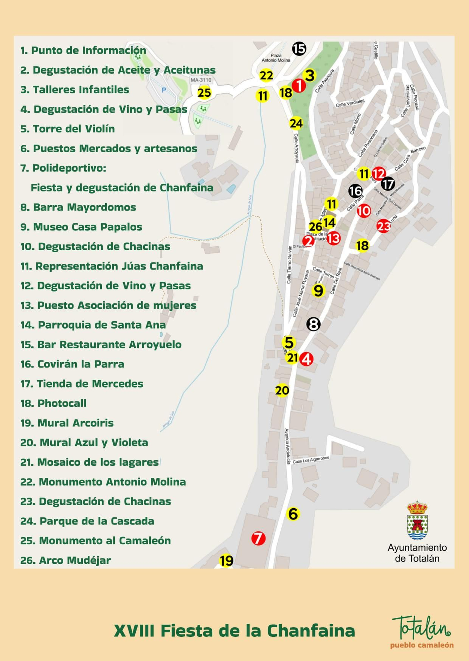 Mapa y ubicaciones de la XVIII Fiesta de la Chanfaina de Totalán.