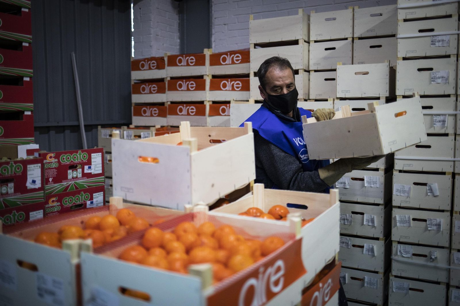 Movimiento incesante de cajas en una mañana cualquiera en la nave del Banco de Alimentos en Mercagranada