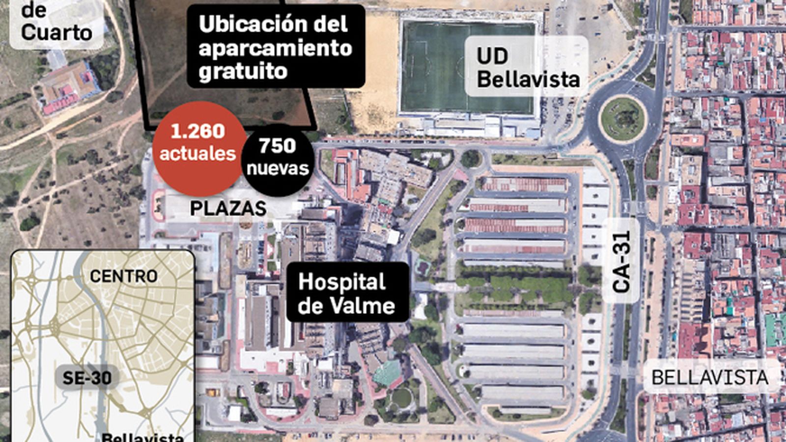 Mapa de ubicación de las 750 nuvas plazas de aparcamiento del Valme.