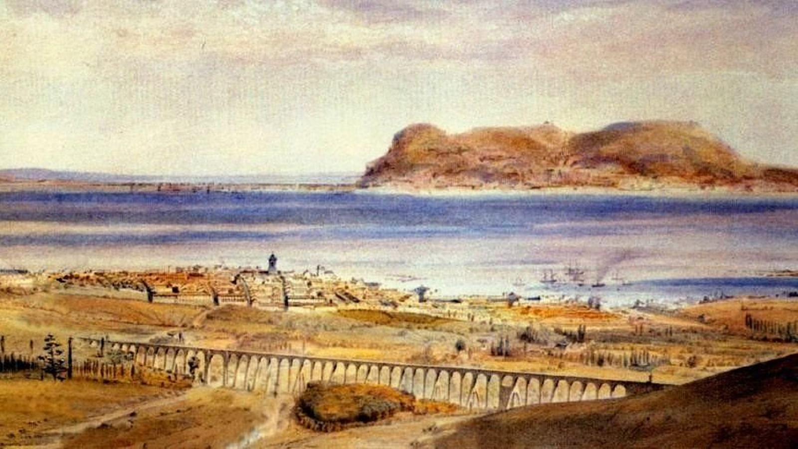 Algeciras y la zona portuaria vistas desde los cerros de Pajarete en el año 1860 (Litografía de Alfred Guesdon).