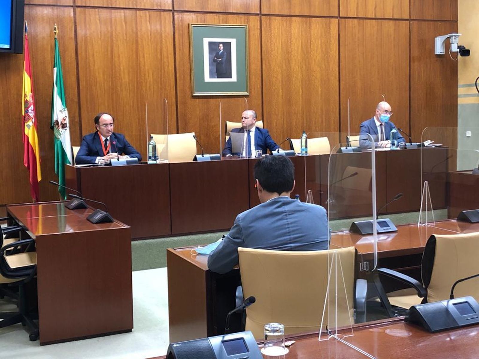 Gerardo Landaluce (izqda.) durante su comparecencia en la Comisión sobre la recuperación del Parlamento andaluz