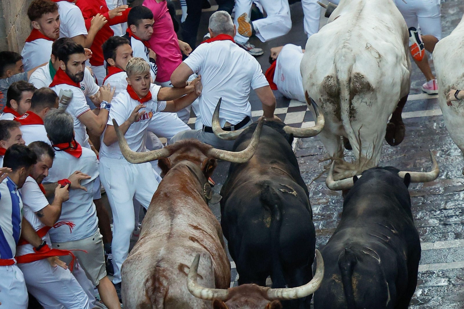 La bravura de Tarifa se hace notar en Pamplona: tres heridos en un encierro con toros de La Palmosilla