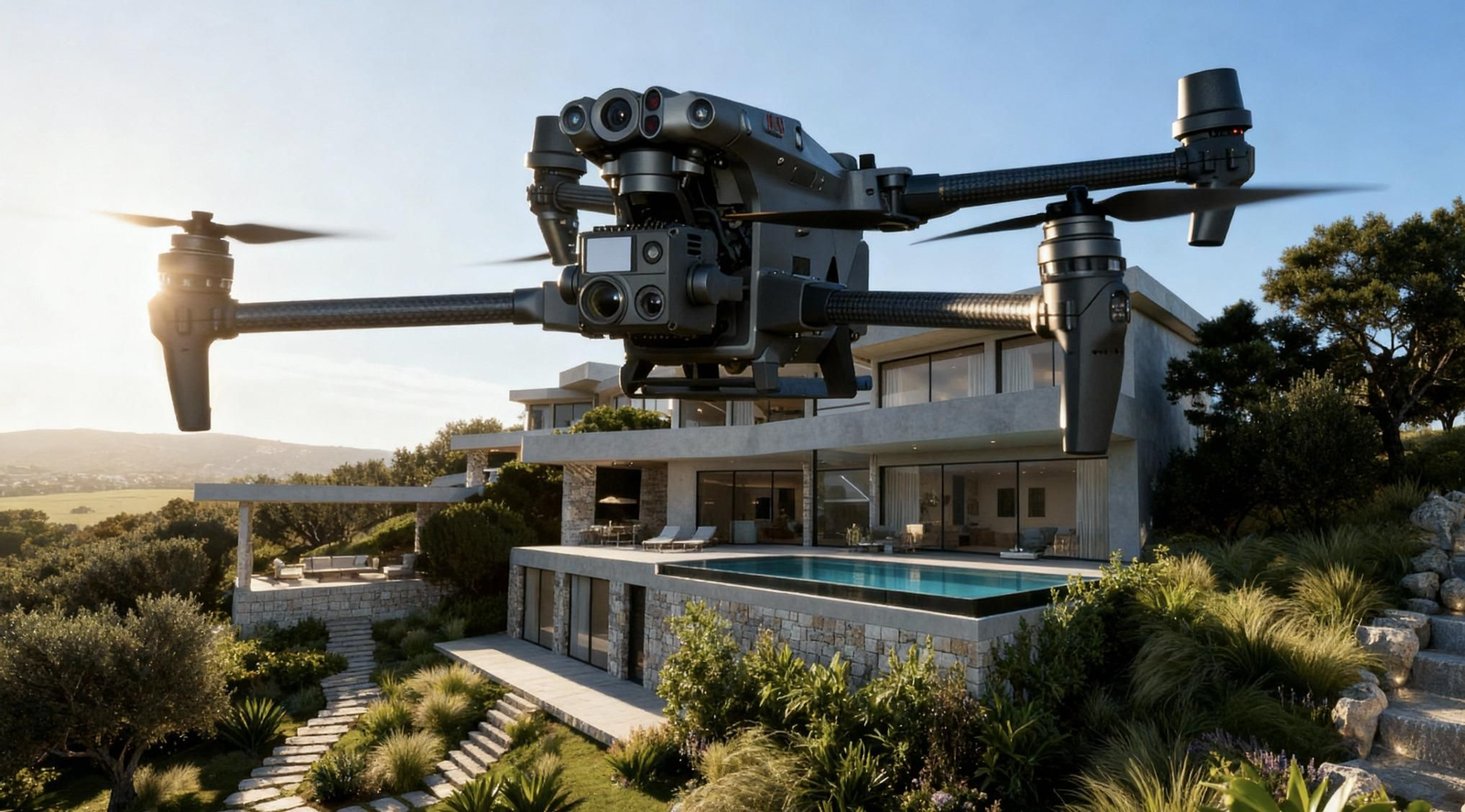 Una infografía de una de las villas vigilada por un dron.