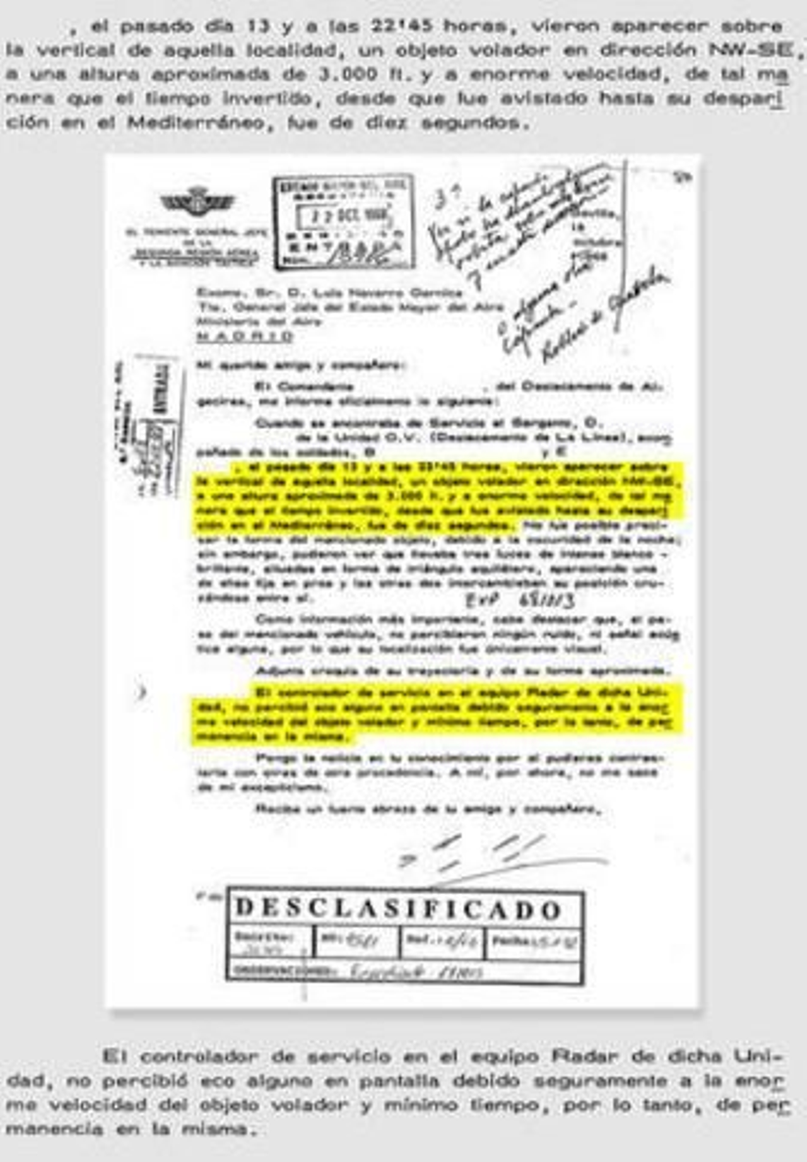 La comunicación que fue remitida al jefe del Estado Mayor del Aire.