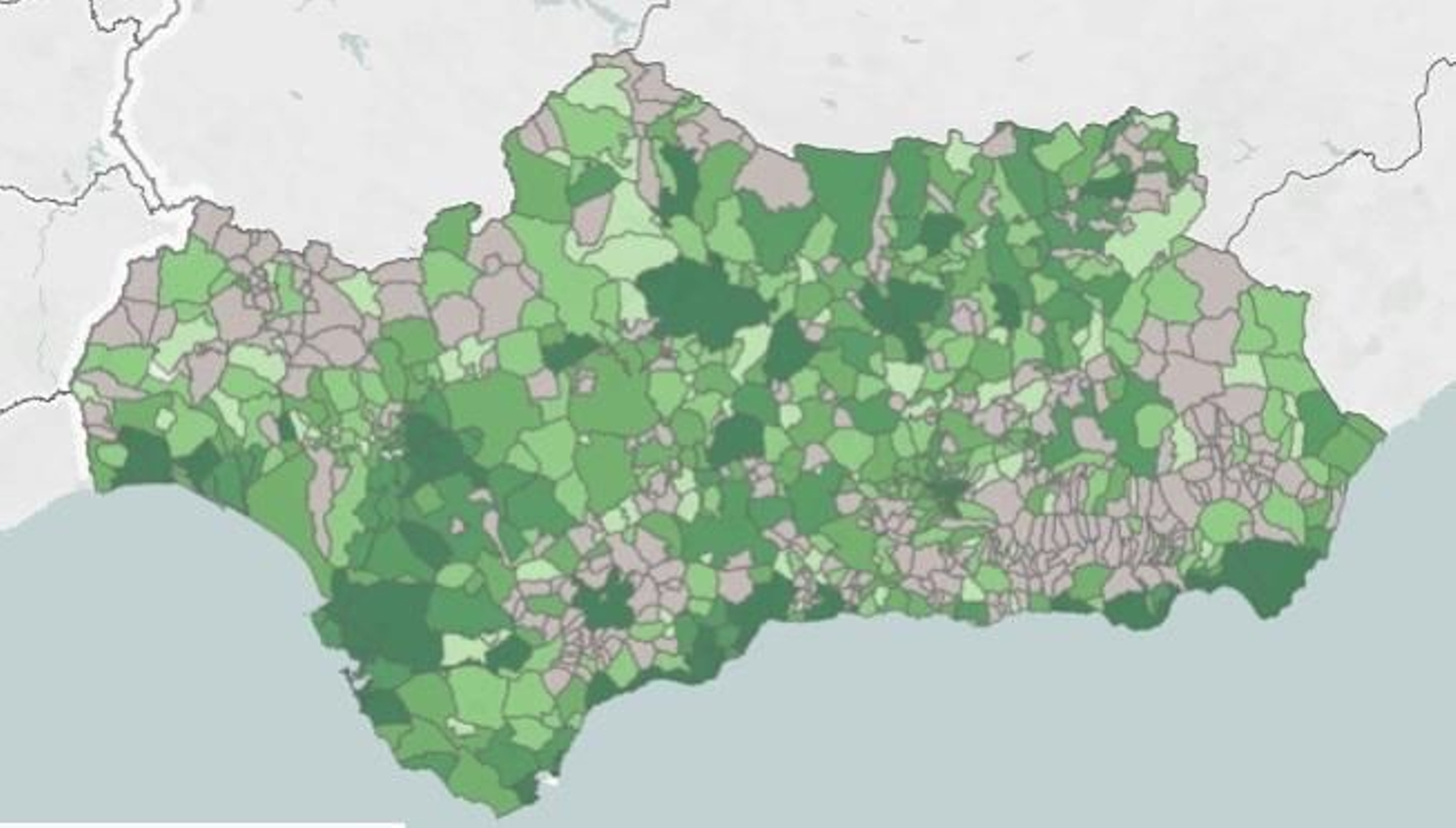 Mapa de casos diagnosticados en los últimos 14 días en Andalucía.