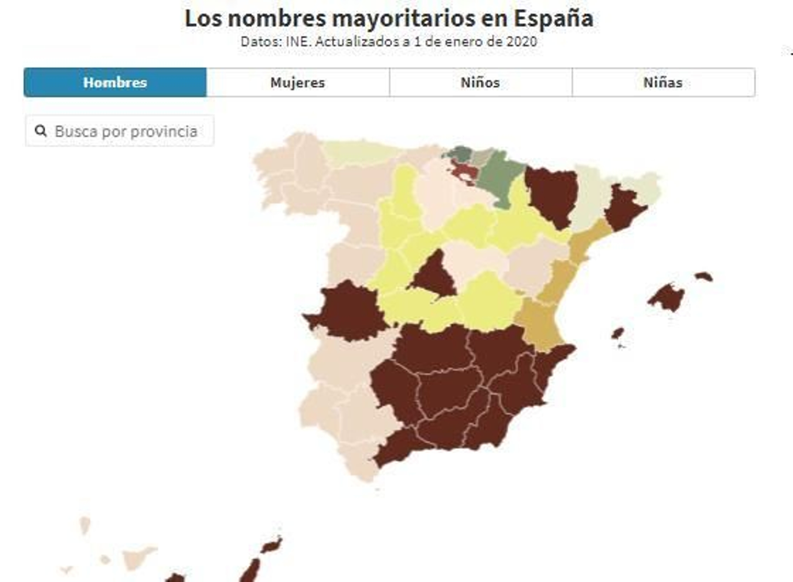 Buscador con los nombres más utilizados en cada provincia de España