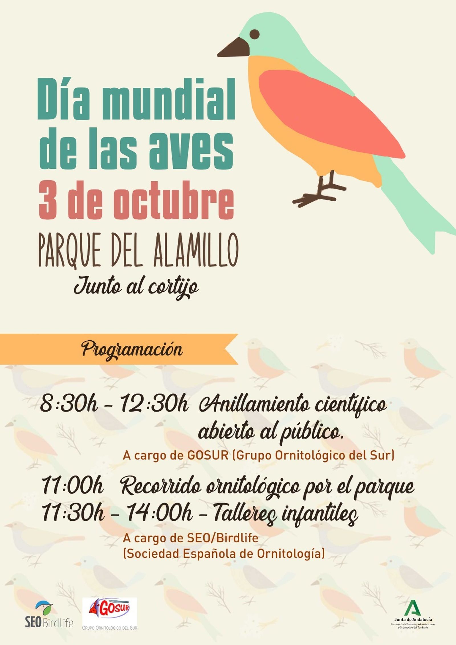 Cartel de las actividades por el Día Mundial de las Aves en el Parque del Alamillo.