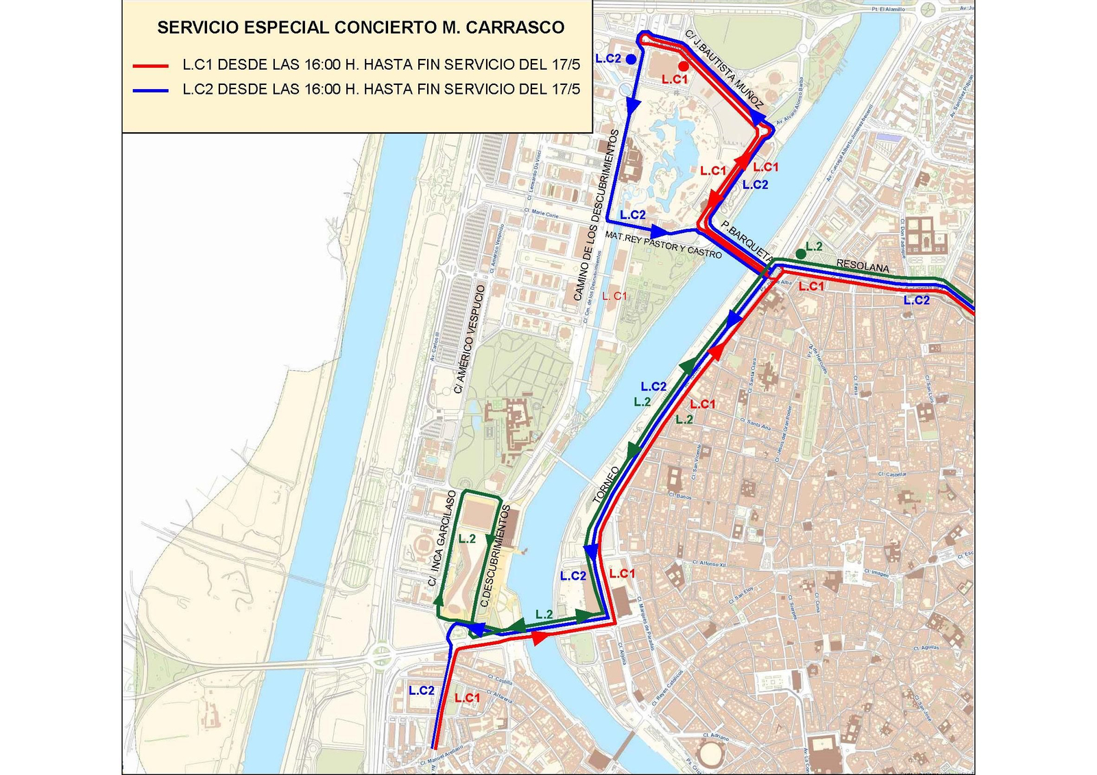 Servicio especial de las líneas C1 y C2 durante el sábado 17 de mayo