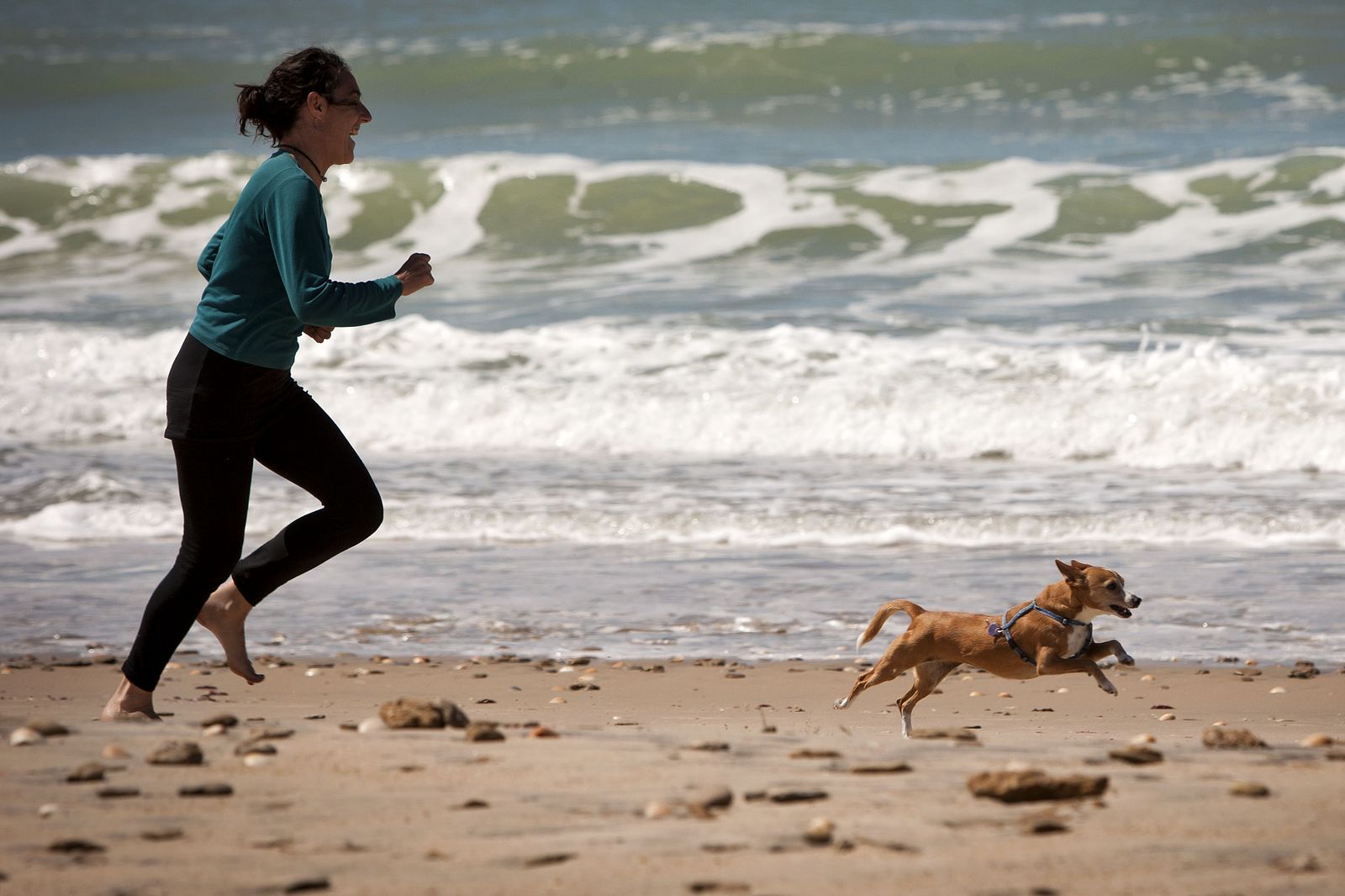 Una mujer corre con su perro sobre la arena de la playa.