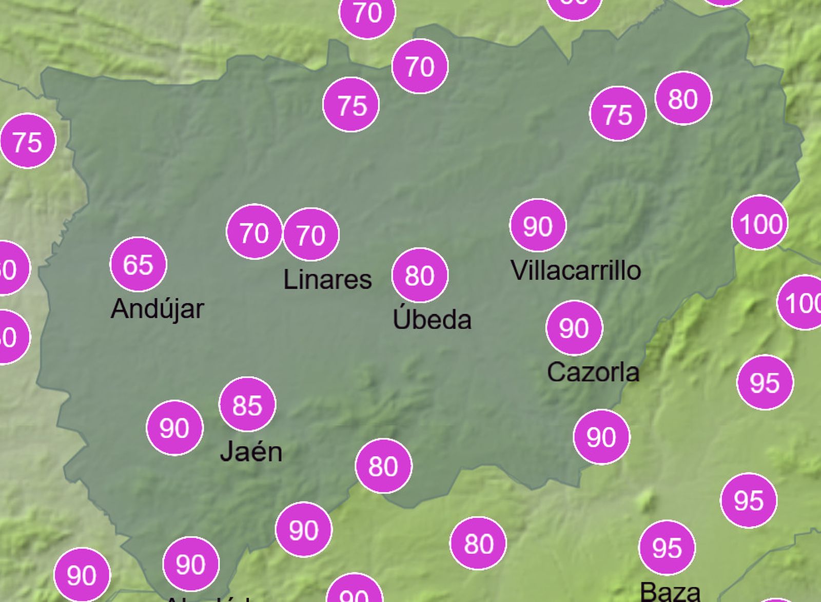 Mapa de probabilidades de lluvia durante el fin de semana.