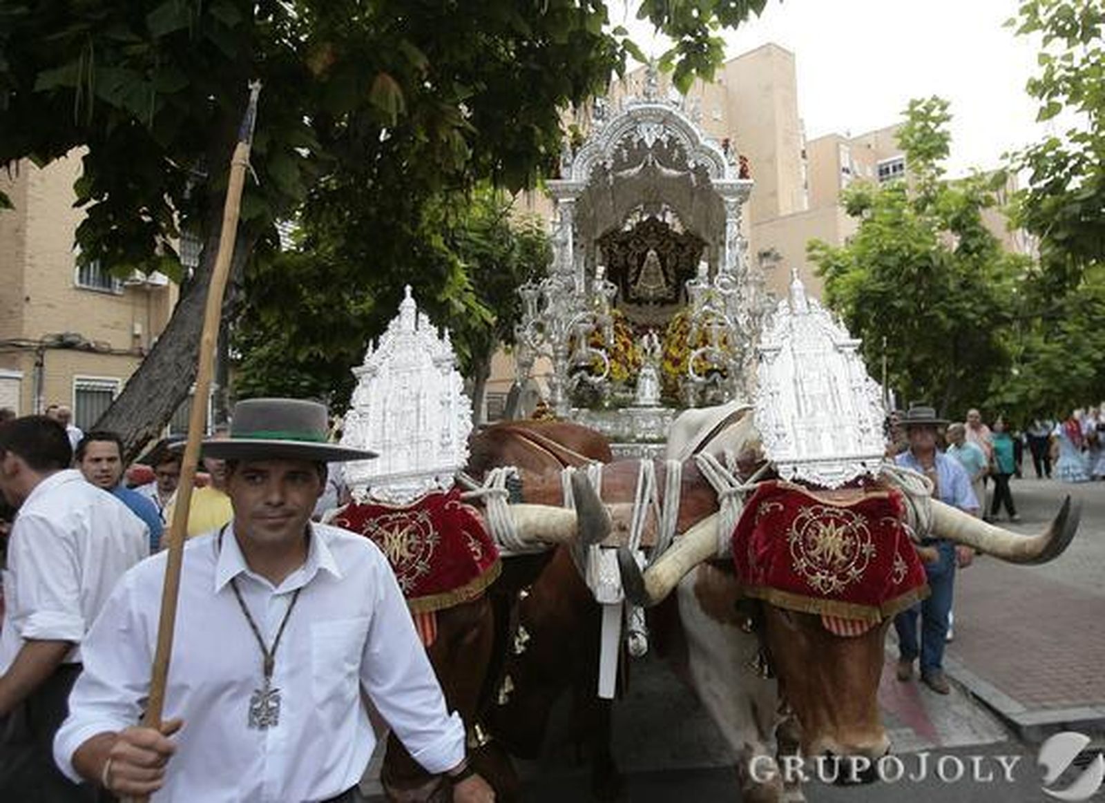 El simpecado de la Hermandad de Sevilla Sur tirado por bueyes.

Foto: José Ángel García