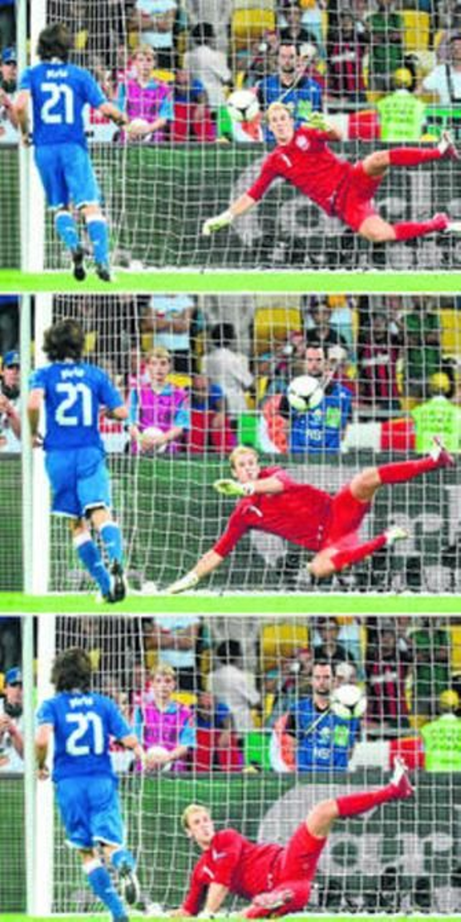 Secuencia del lanzamiento de Pirlo ante el meta Hart.