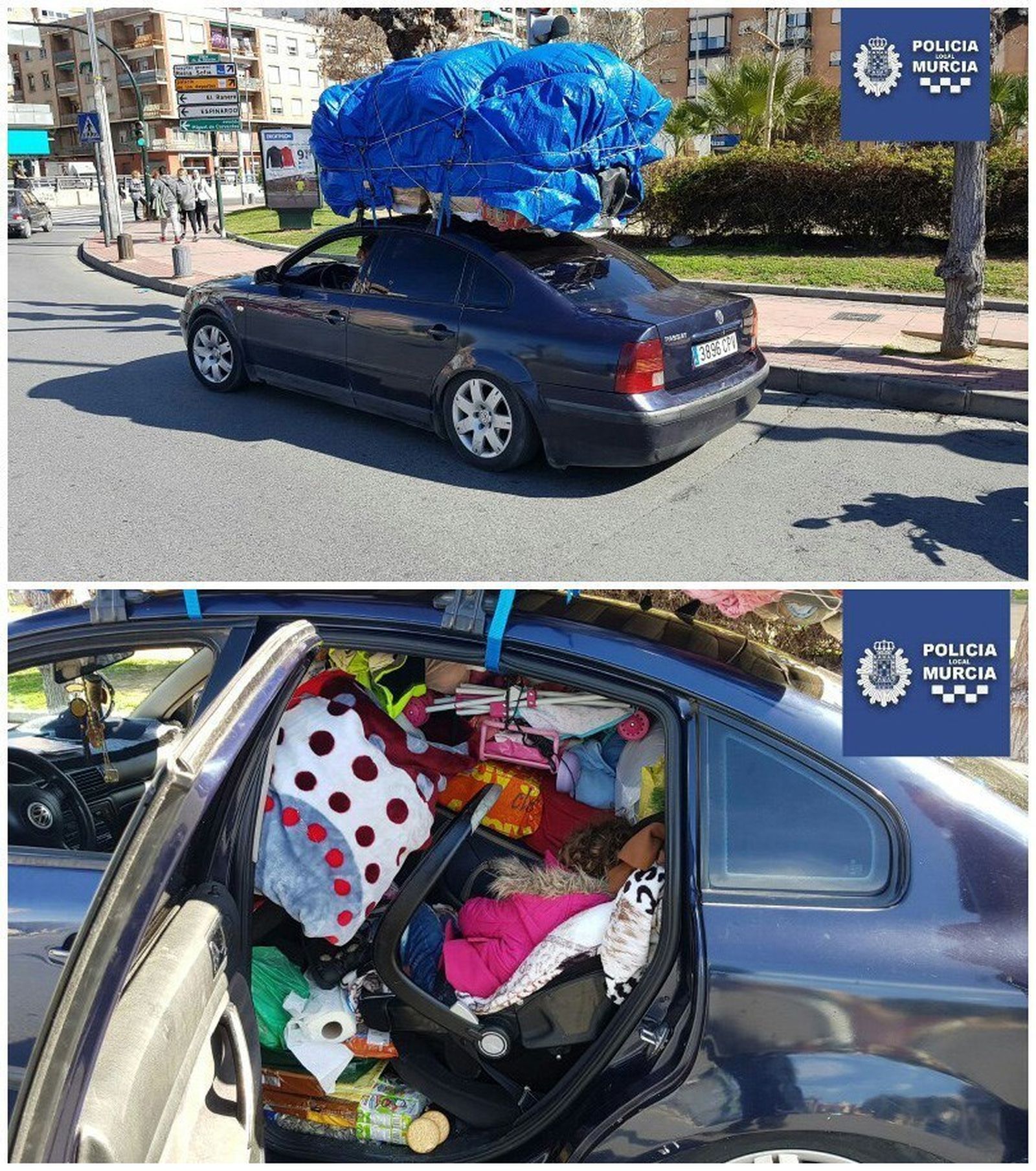 Una niña enterrada entre bártulos en un coche