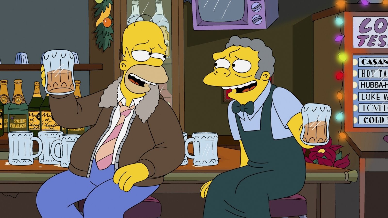 Homer Simpson, prototipo de padre desastroso, tomando cerveza en el bar de Moe.