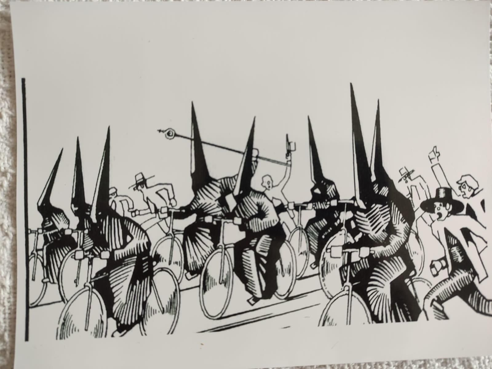 Ilustración del libro de 1934. Estampida de nazarenos en bicicleta.