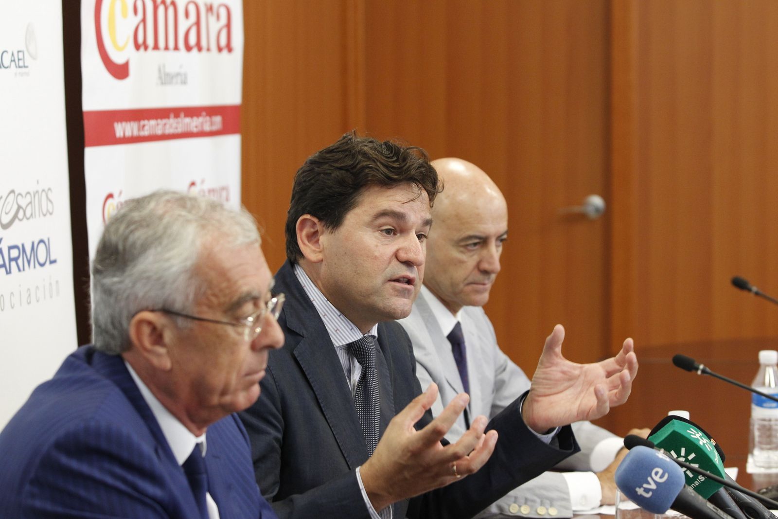 El presidente de AEMA, Antonio Sánchez, flanqueado por sus homólogos en Asempal y la Cámara de Comercio de Almería, José Cano y Diego Martínez Cano, respectivamente.