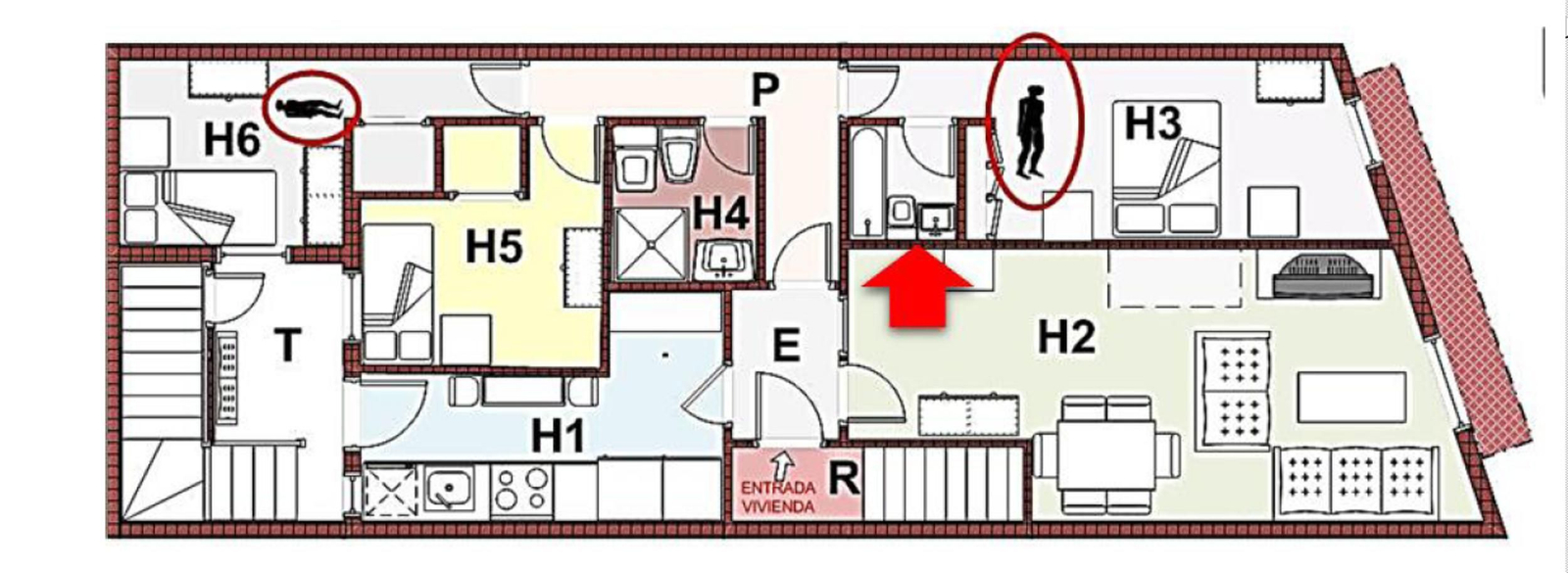 Plano de la vivienda en el que la Guardia Civil señala el posicionamiento de los cadáveres de María (H6) y Miguel Ángel (H3). Plano de la vivienda en el que la Guardia Civil señala el posicionamiento de los cadáveres de María (H6) y Miguel Ángel (H3).