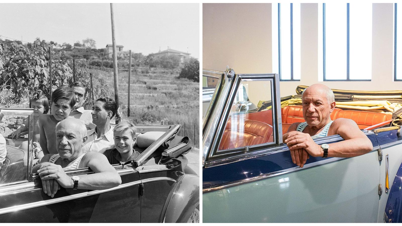 A la izquierda, la fotografía de Picasso con su familia montado en un Talbot Lago T26 de 1937; a la derecha, el vehículo en el Museo Automovilístico de Málaga. A la izquierda, la fotografía de Picasso con su familia montado en un Talbot Lago T26 de 1937; a la derecha, el vehículo en el Museo Automovilístico de Málaga.