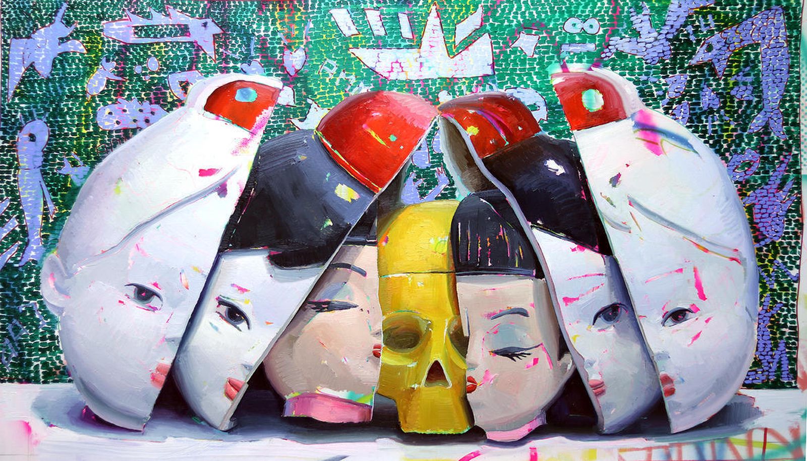 'Cucú', una de las obras que muestra Ana Barriga en Birimbao, realizada con óleo, esmalte, rotulador y 'spray'.