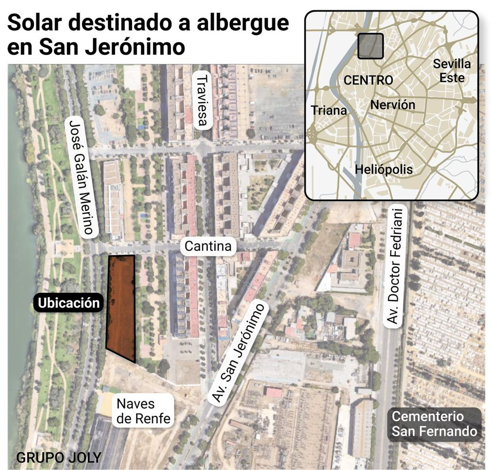Localización del solar destinado a albergue en San Jerónimo. Fuente: Ayuntamiento de Sevilla.