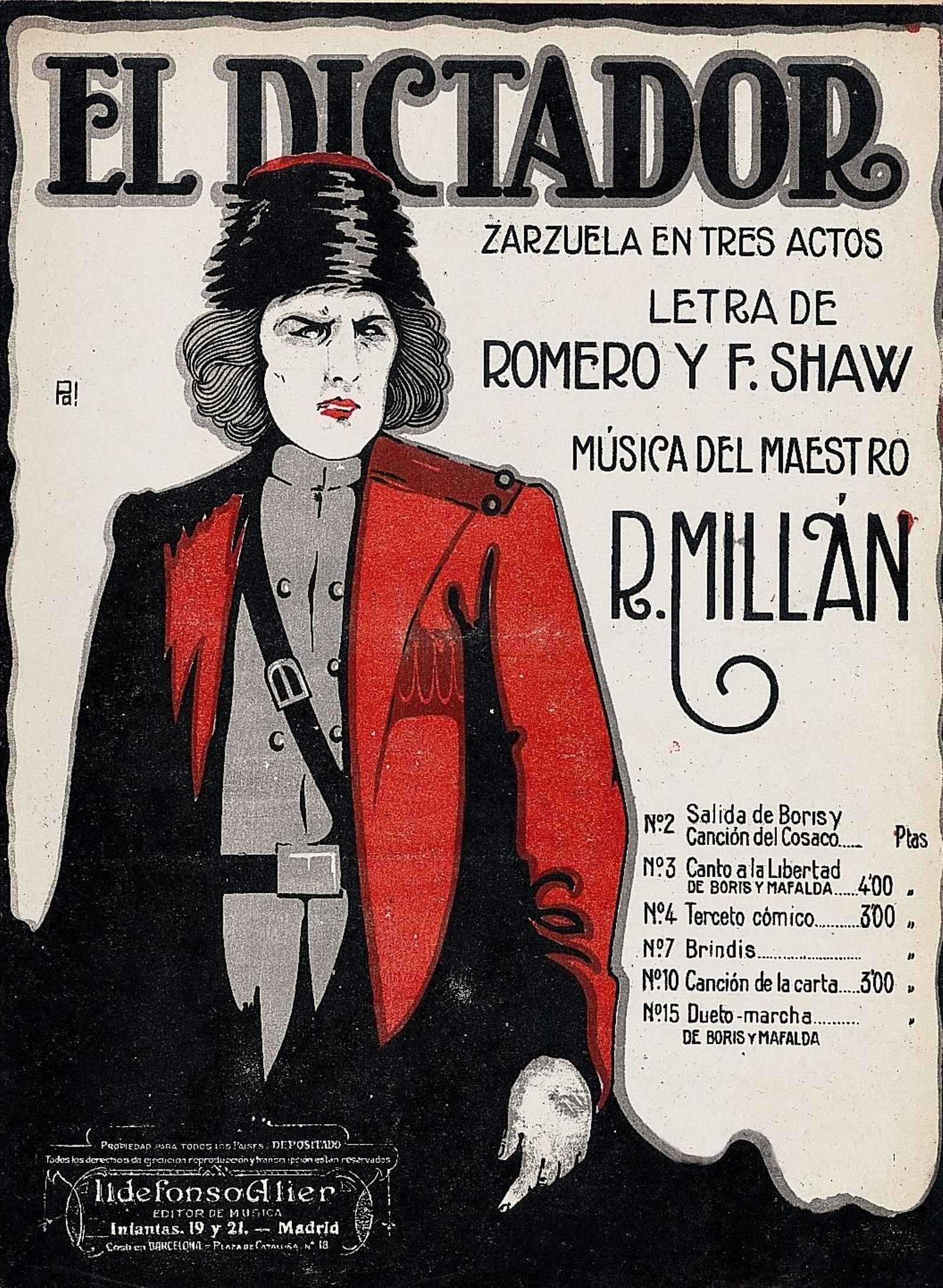 Cartel anunciador de la zarzuela en tres actos 'El Dictador'.