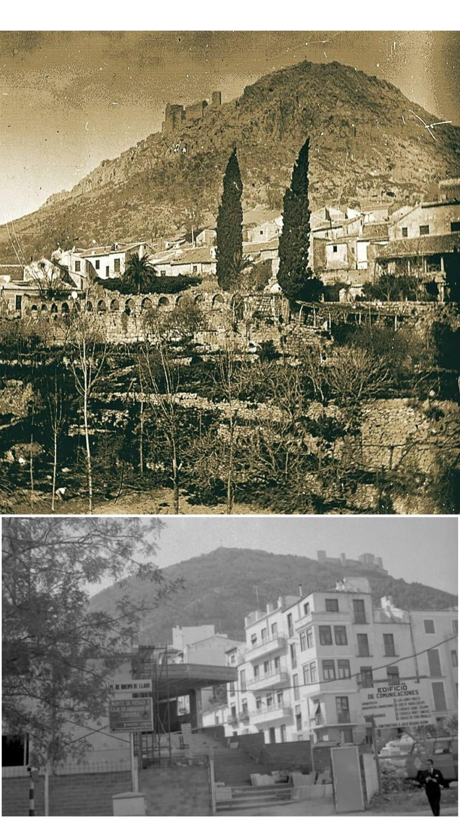 Arriba: El desaparecido acueducto romano en 1976, en el lugar que ocupó el convento de Carmelitas Descalzos y que posteriormente fue el palacio de los Condes de Humanes (imagen de 1930). Abajo: CoInstrucción del actual edificio de Correos en Los Jardinillos, dentro del marco del Plan General de Ordenación Urbana de 1971.