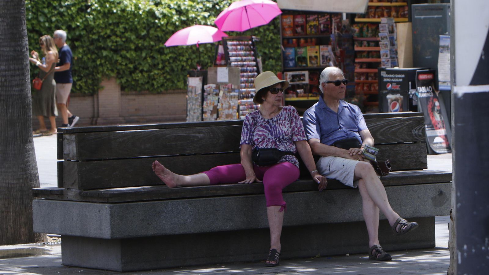 Dos visitantes descansan bajo la apreciada sombra de los árboles.