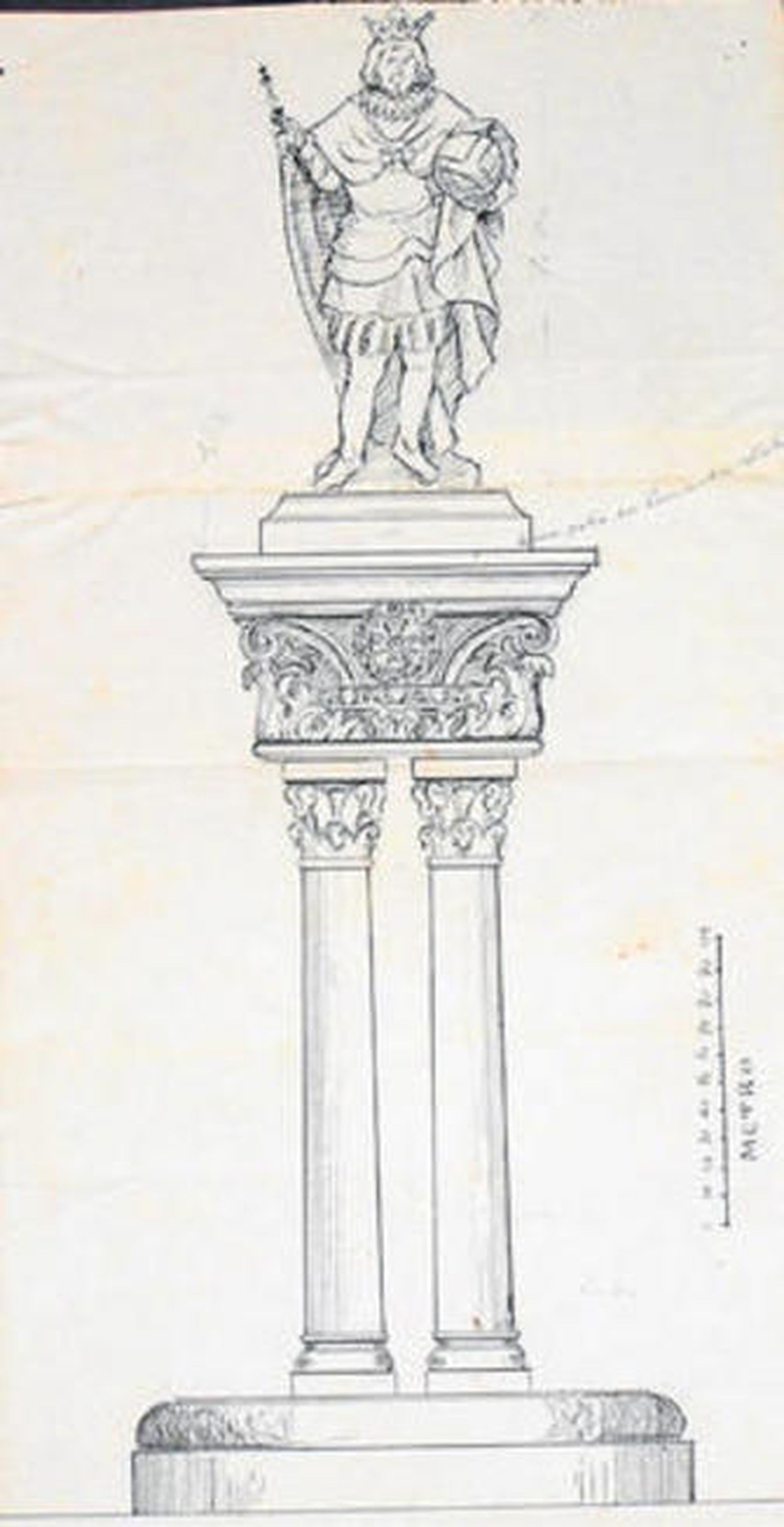 Dibujo del monumento a Fernando III en el interior del Alcázar. A la derecha, Alfonso X 'El Sabio'.
