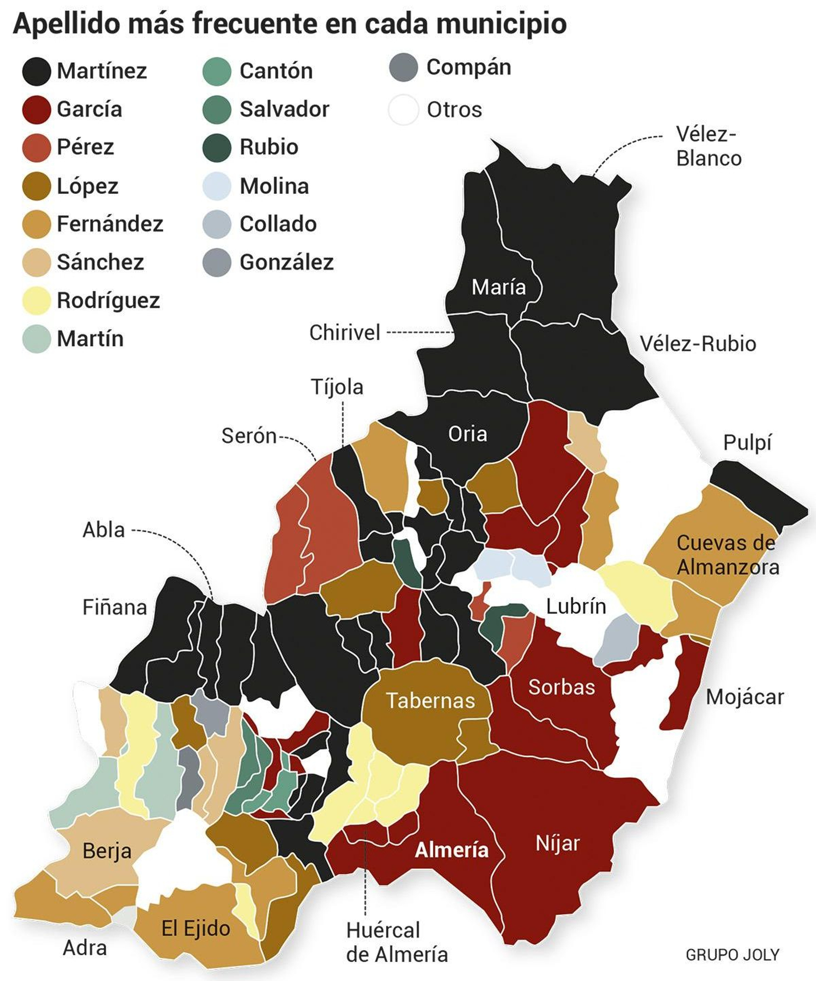 Apellido más frecuentes en cada municipio de la provincia de Almería. Fuente: IECA.