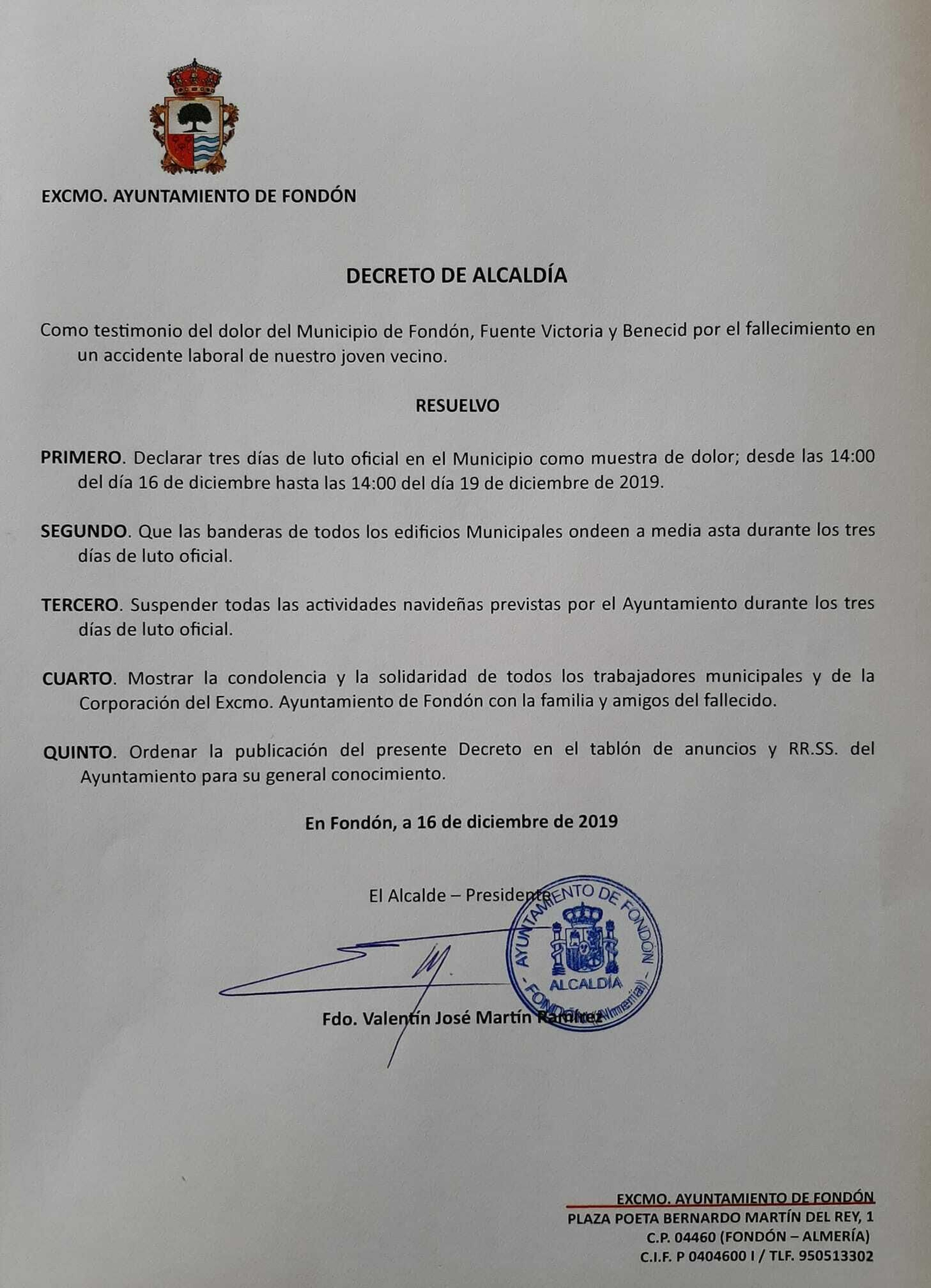 Suspenden las actividades de Navidad en Fondón por la muerte del trabajador en las obras del AVE