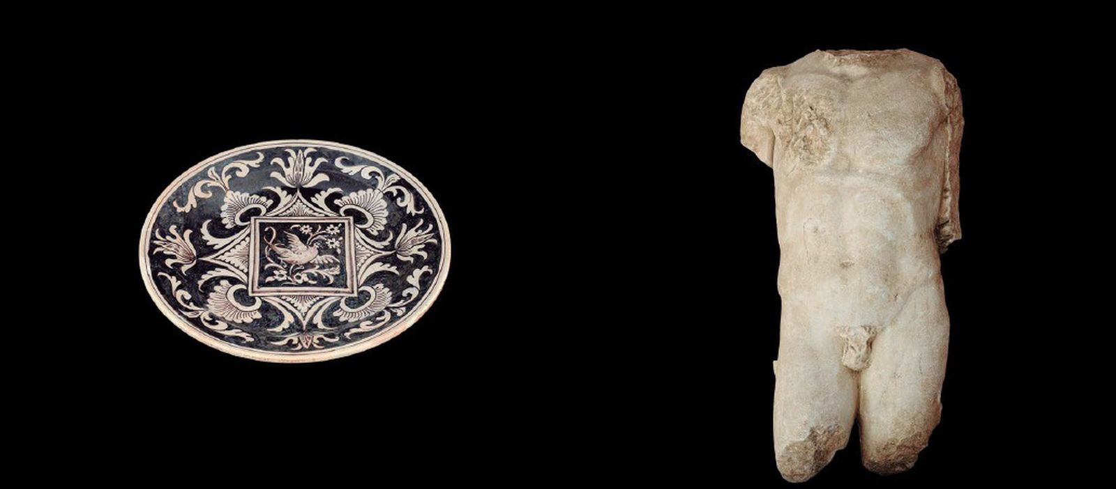 A la izquierda, la fuente de Triana pintada con negro de manganeso, a la derecha, el torso desnudo