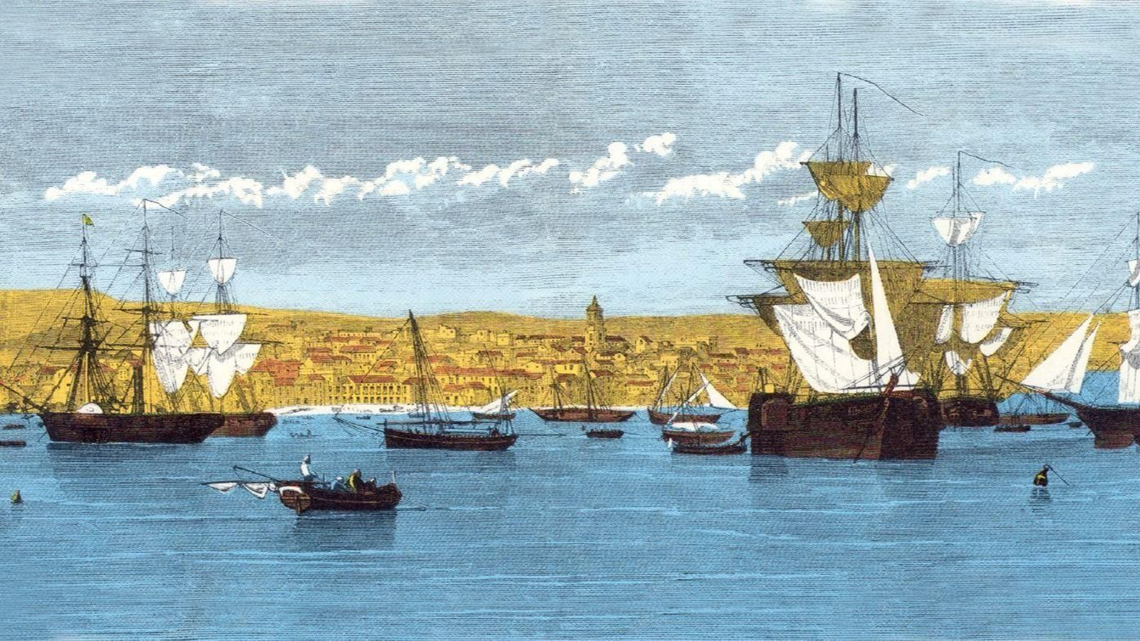 Grabado que representa la escuadra española fondeada junto a la Isla Verde embarcando tropas para la Guerra de Marruecos de 1859-1860. (C. Clifford en 'The Illustrated London News'. Vol. XXXV. Año 1859).