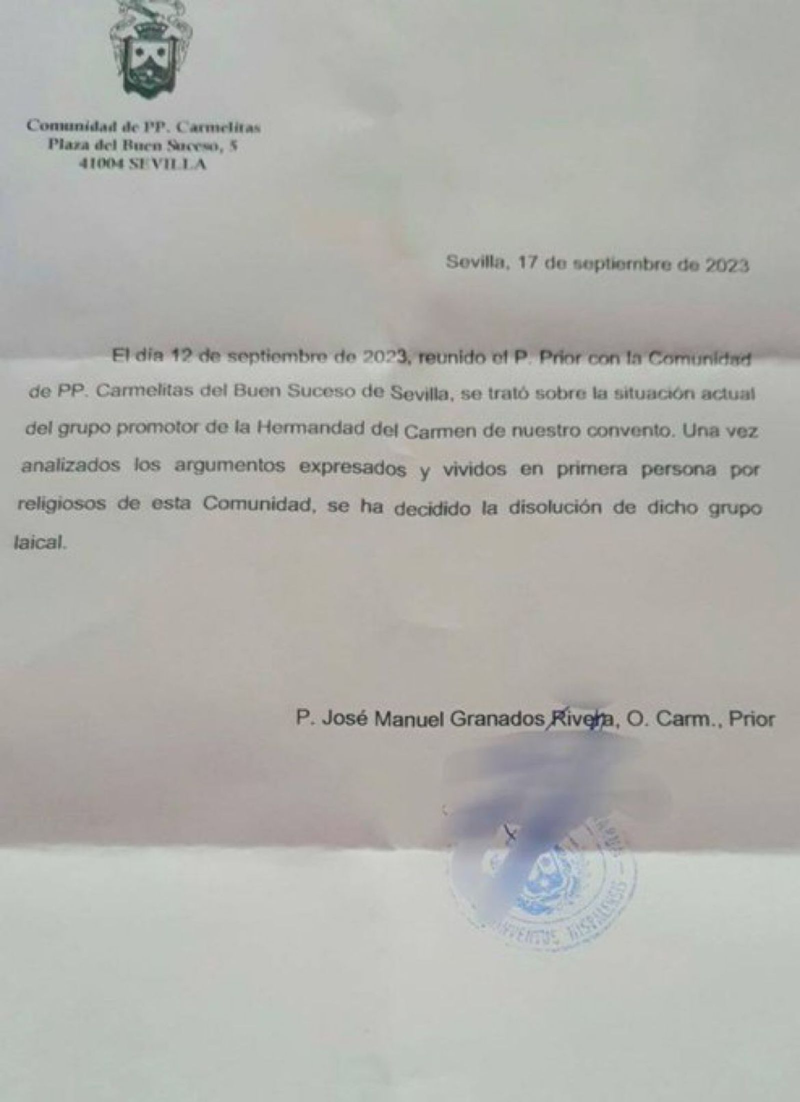Documento de la comunidad remitido a los fieles