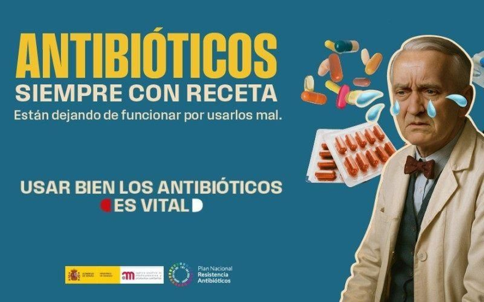 Alexander Fleming, descubridor de la penicilina, recuerda en la última campaña de Sanidad cómo usar los antibióticos.