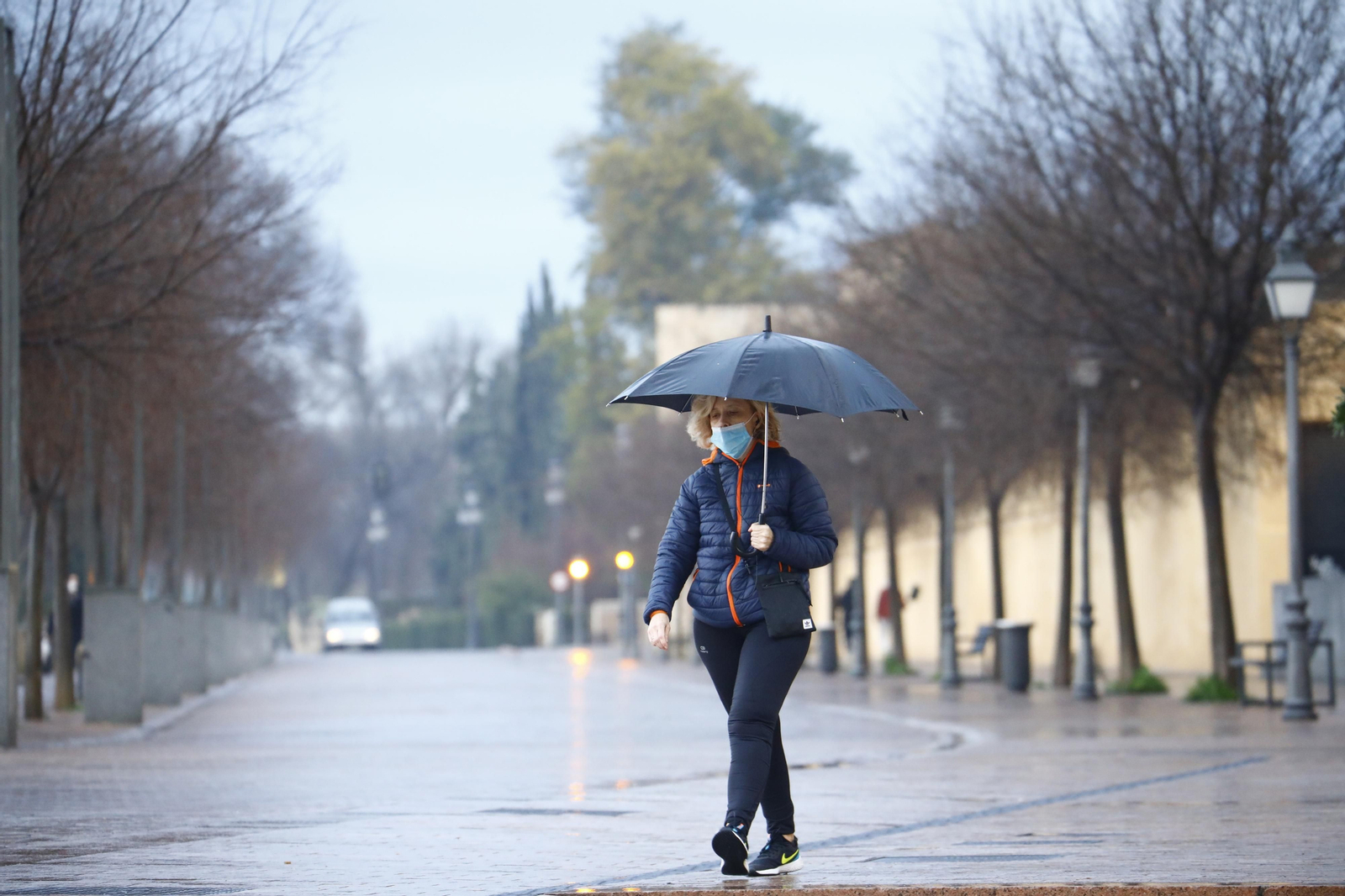 Una mujer pasea bajo un paraguas por el entorno de la Puerta de la Puente.
