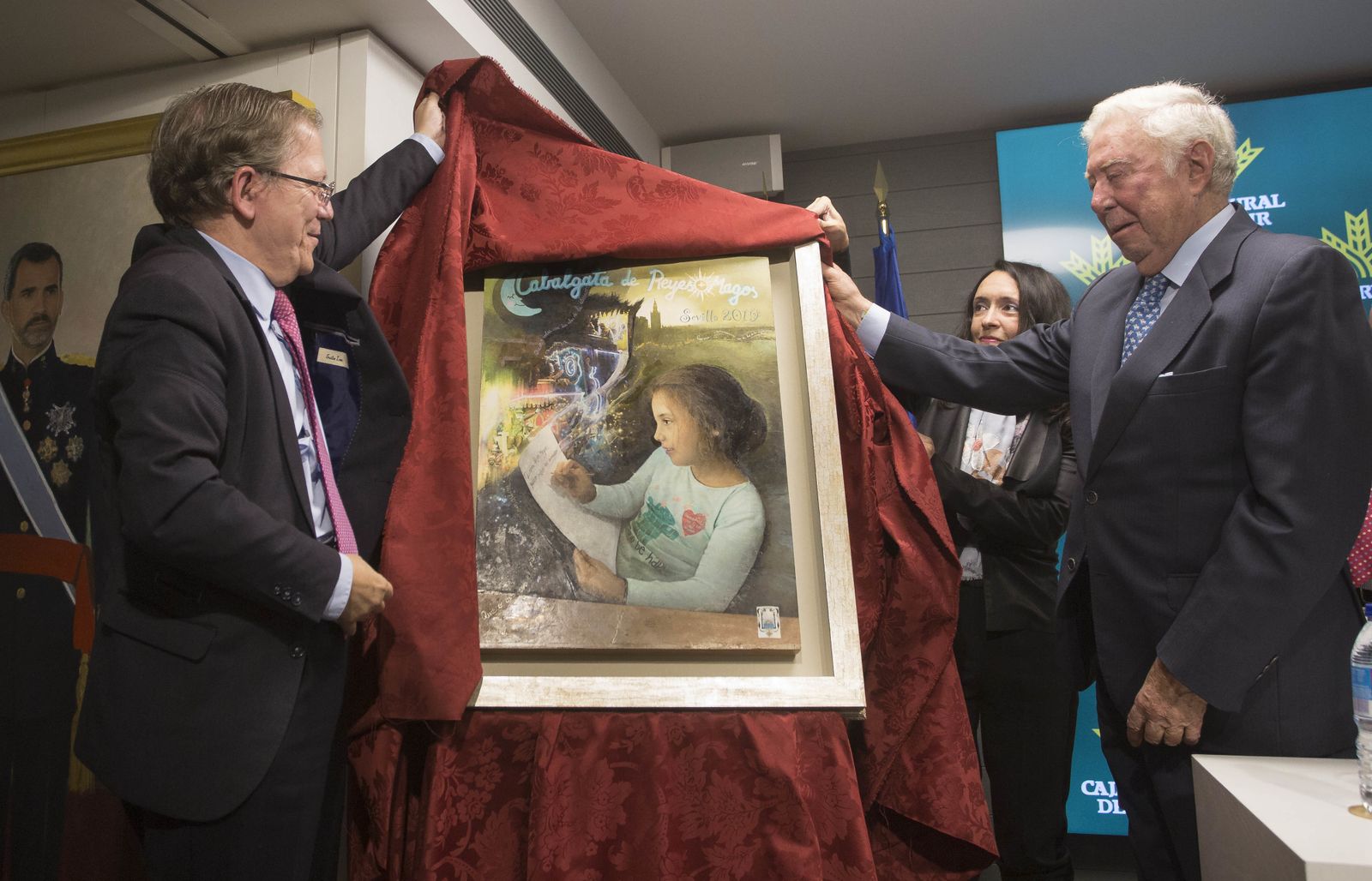 2019. La pintura anunciadora del cortejo de la ilusión de 2019, realizada por Isabel Sola, está protagonizada por una niña que escribe su carta a los Reyes Magos de Oriente. El cartel está lleno de matices y detalles que hay que descubrir. / Juan Carlos Muñoz