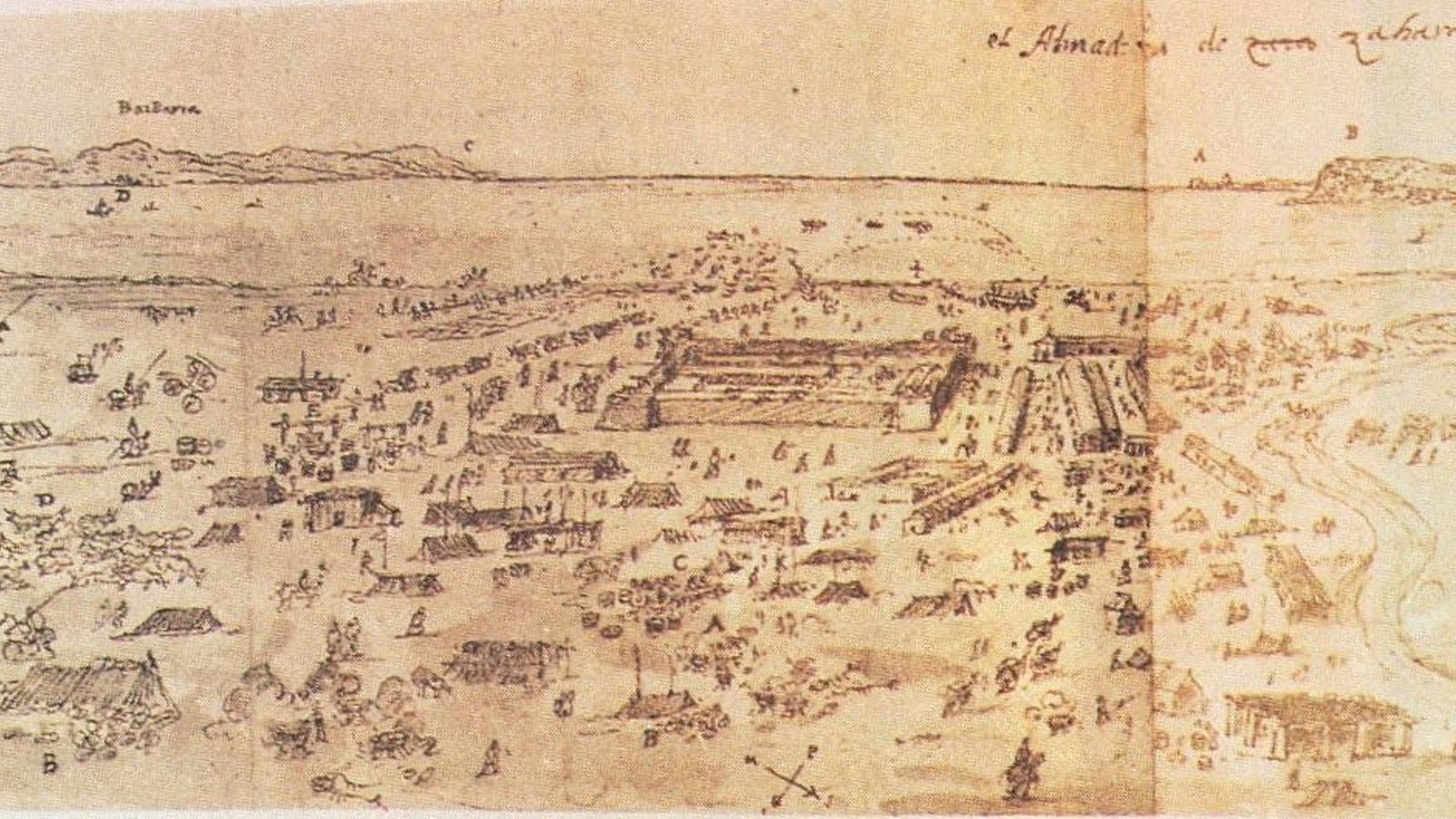 Panorámica de la almadraba de Zahara de los Atunes (A. van Wyngaerde, 1567). Panorámica de la almadraba de Zahara de los Atunes (A. van Wyngaerde, 1567).