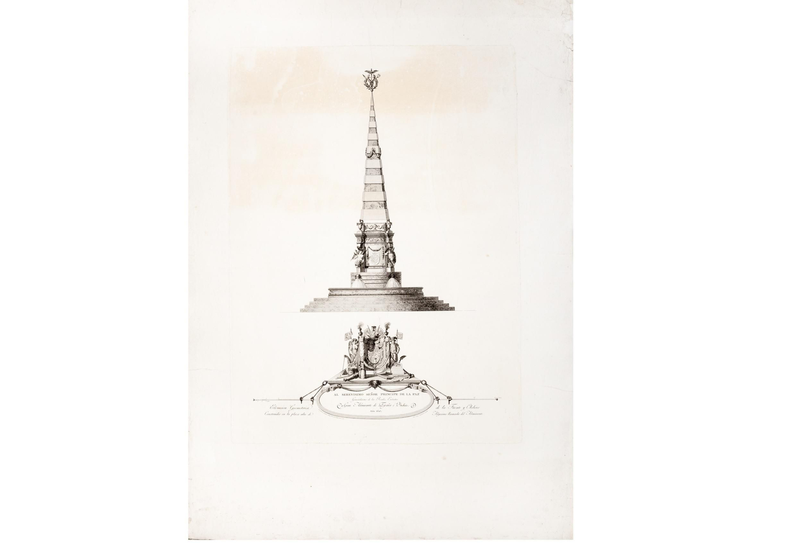 Grabado calcográfico con la imagen del obelisco proyectado para la Plaza Alta de Algeciras en 1807, conocida también como Plaza del Almirante, y dedicado al Príncipe de la Paz, Manuel Godoy. 1807