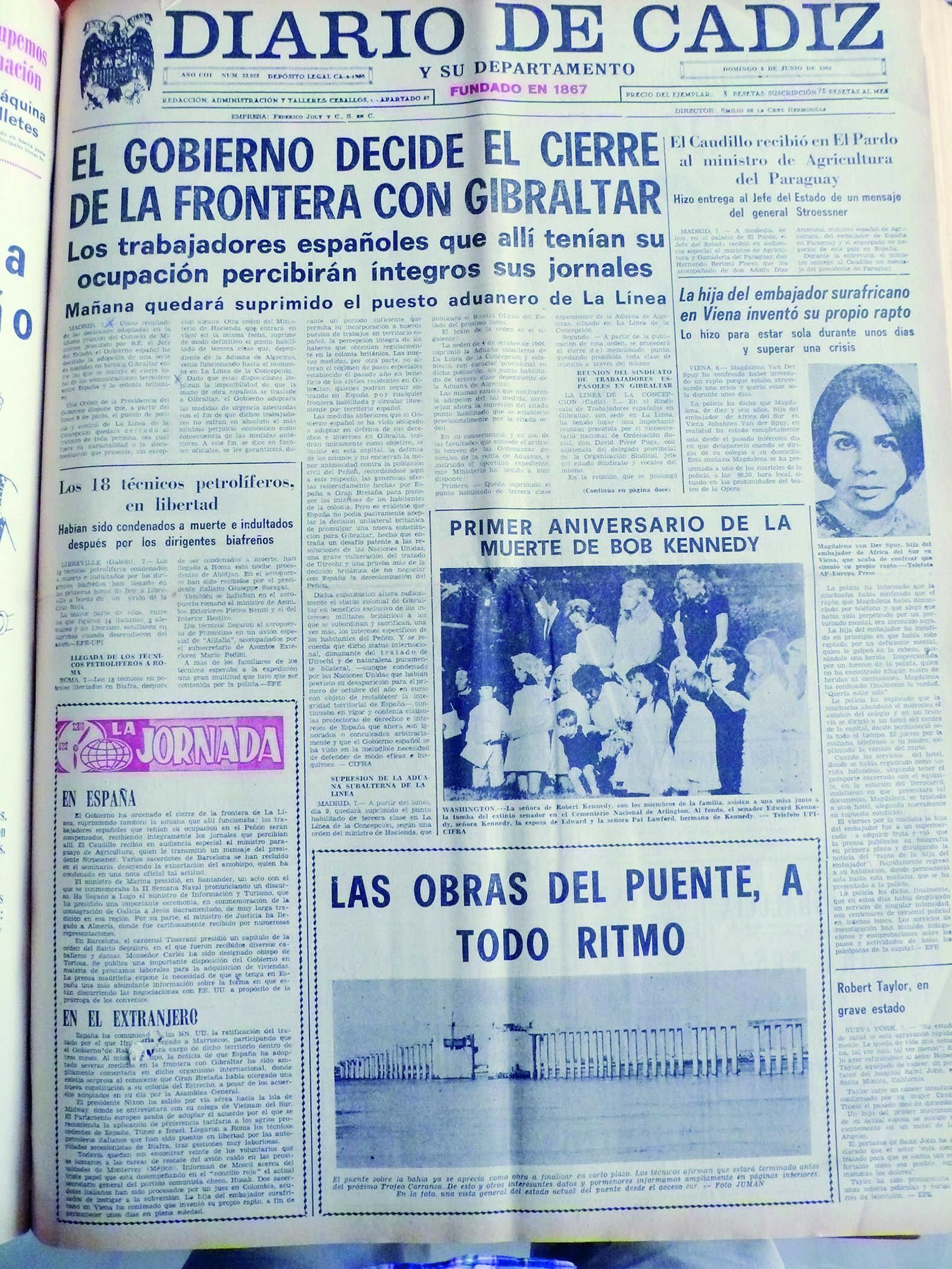 Portada del 'Diario de Cádiz' del 8 de junio de 1969.