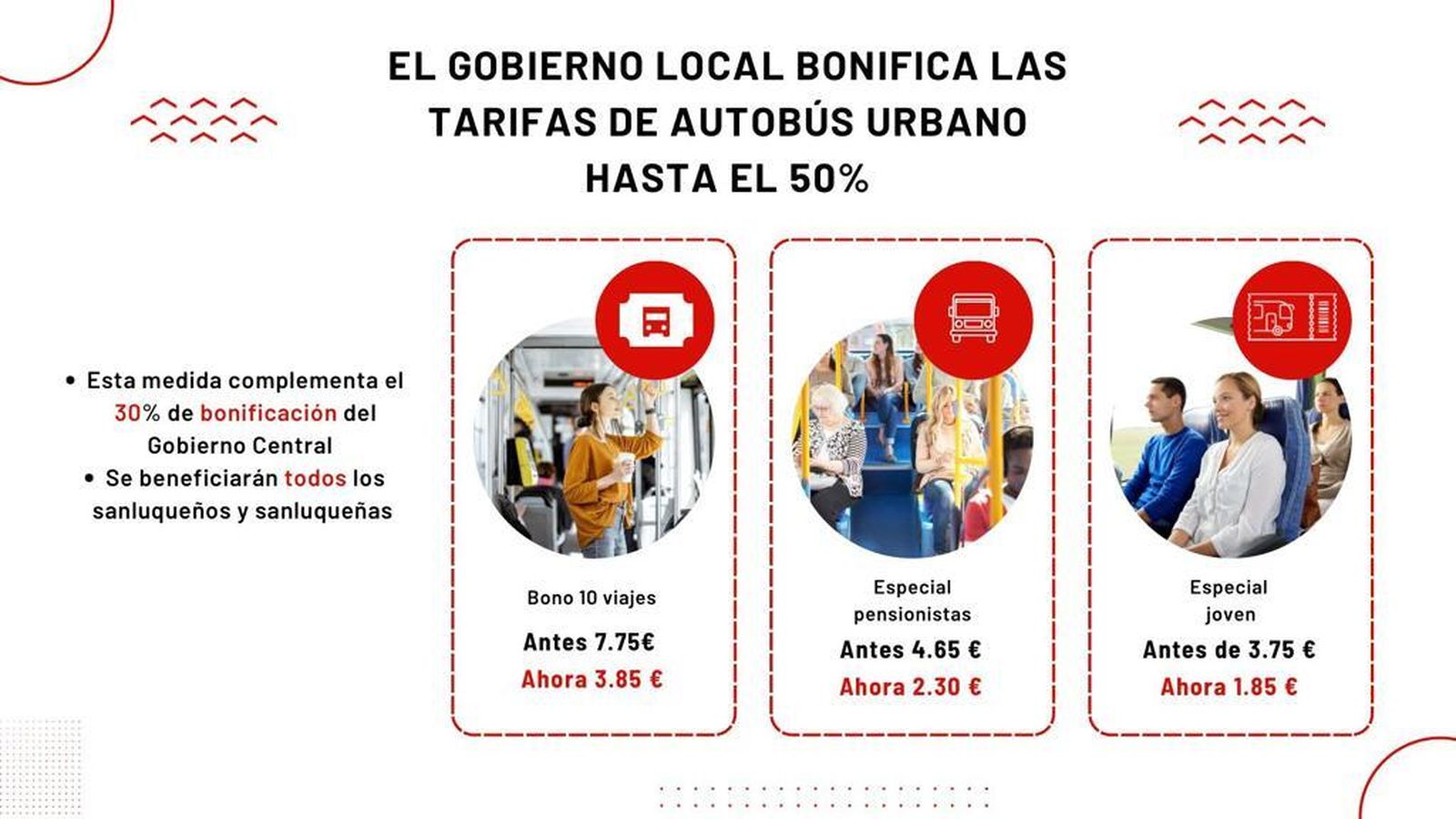 Información municipal del descuento del 50% en los bonos de los autobuses urbanos de Sanlúcar.