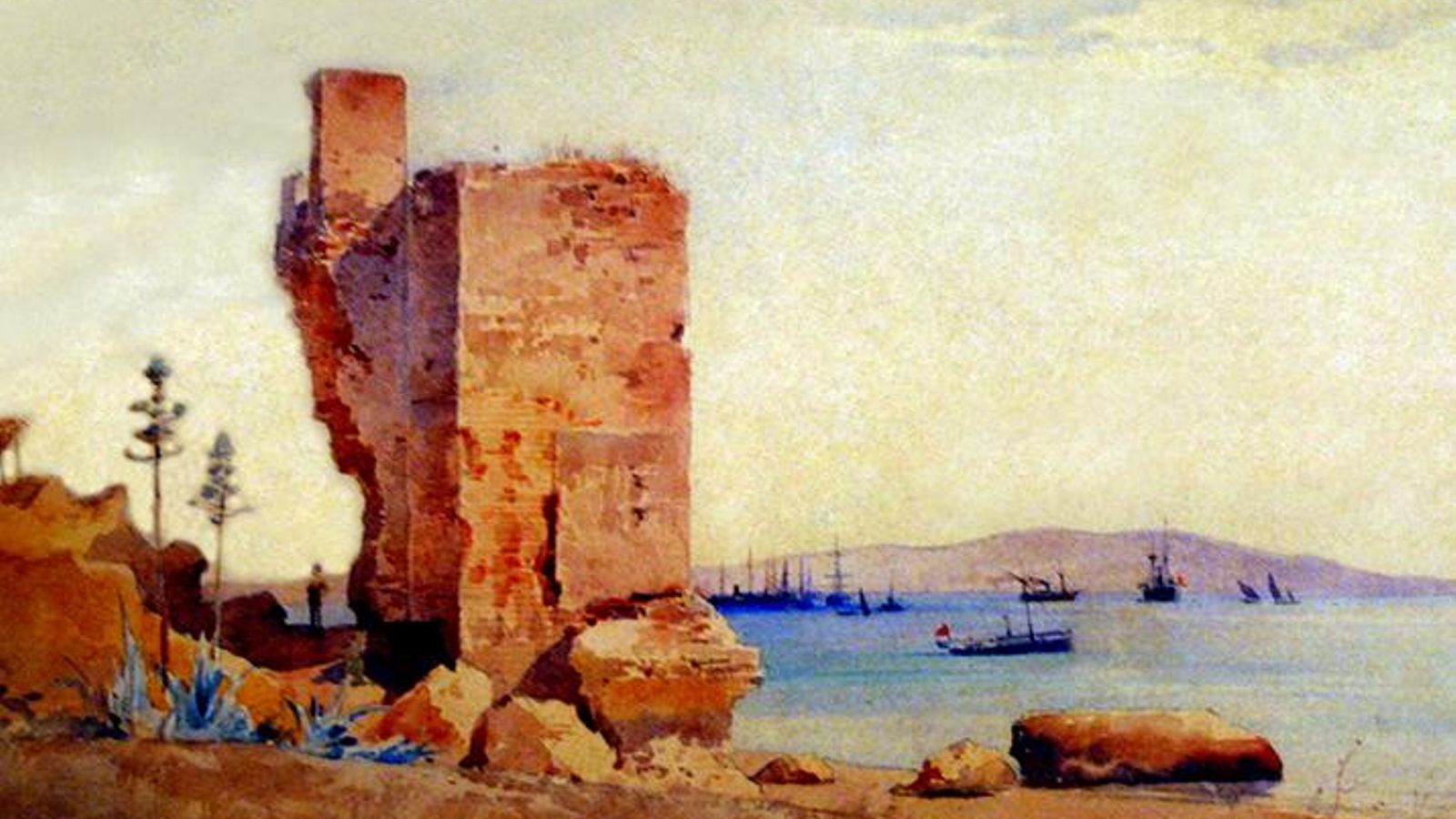Torre albarrana del recinto sur de Algeciras musulmana. (Acuarela de Ernest Louis Lessieux de finales del siglo XIX. Museo Municipal).
